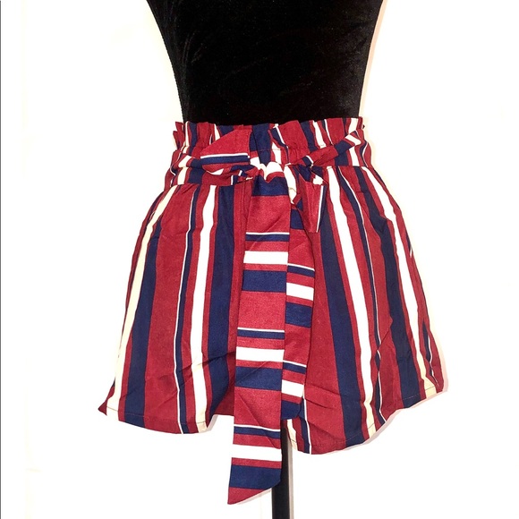 Paperbag Waist Belted Striped Burgundy Boho Shorts - Picture 3 of 4